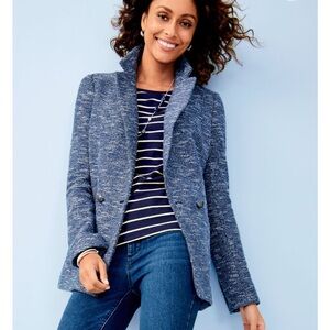 Talbots Blue White Tweed Double Breasted Blazer Gunmetal Buttons 8